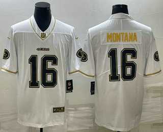 Mens San Francisco 49ers #16 Joe Montana White Gold Stitched Jersey